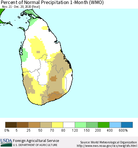 Sri Lanka Percent of Normal Precipitation 1-Month (WMO) Thematic Map For 11/21/2020 - 12/20/2020
