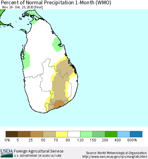 Sri Lanka Percent of Normal Precipitation 1-Month (WMO) Thematic Map For 11/26/2020 - 12/25/2020