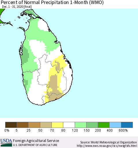 Sri Lanka Percent of Normal Precipitation 1-Month (WMO) Thematic Map For 12/1/2020 - 12/31/2020