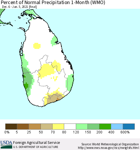 Sri Lanka Percent of Normal Precipitation 1-Month (WMO) Thematic Map For 12/6/2020 - 1/5/2021