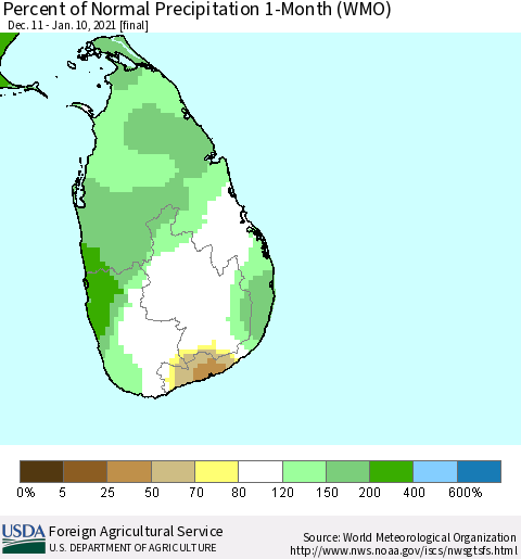 Sri Lanka Percent of Normal Precipitation 1-Month (WMO) Thematic Map For 12/11/2020 - 1/10/2021
