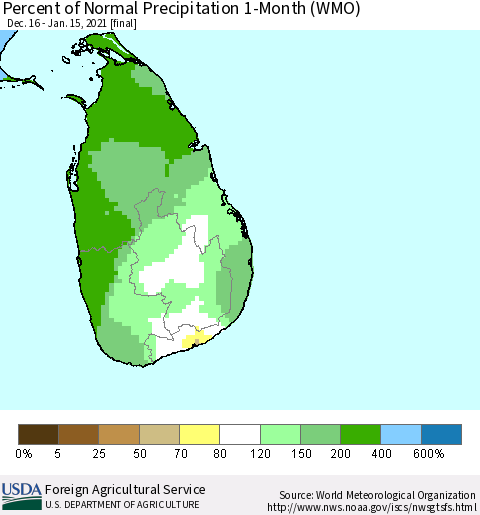 Sri Lanka Percent of Normal Precipitation 1-Month (WMO) Thematic Map For 12/16/2020 - 1/15/2021