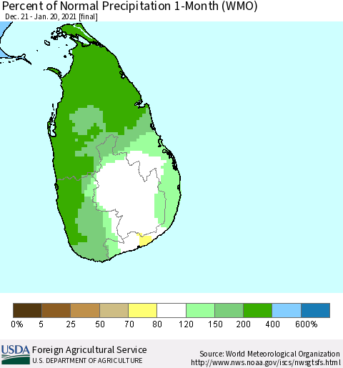Sri Lanka Percent of Normal Precipitation 1-Month (WMO) Thematic Map For 12/21/2020 - 1/20/2021