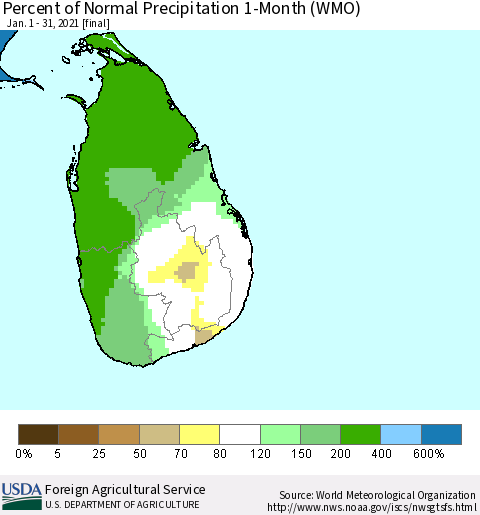 Sri Lanka Percent of Normal Precipitation 1-Month (WMO) Thematic Map For 1/1/2021 - 1/31/2021