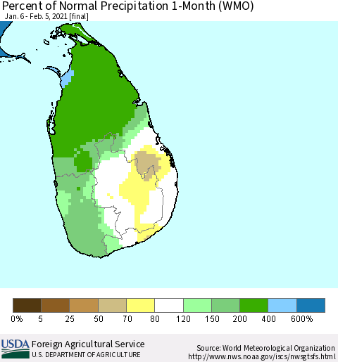 Sri Lanka Percent of Normal Precipitation 1-Month (WMO) Thematic Map For 1/6/2021 - 2/5/2021