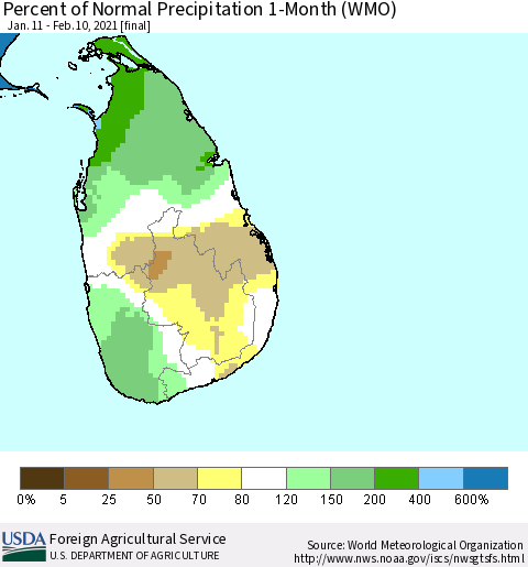 Sri Lanka Percent of Normal Precipitation 1-Month (WMO) Thematic Map For 1/11/2021 - 2/10/2021