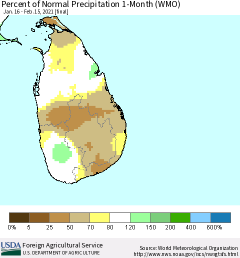 Sri Lanka Percent of Normal Precipitation 1-Month (WMO) Thematic Map For 1/16/2021 - 2/15/2021