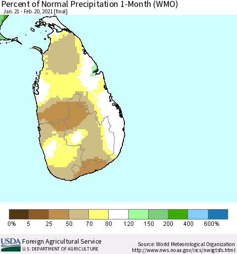 Sri Lanka Percent of Normal Precipitation 1-Month (WMO) Thematic Map For 1/21/2021 - 2/20/2021