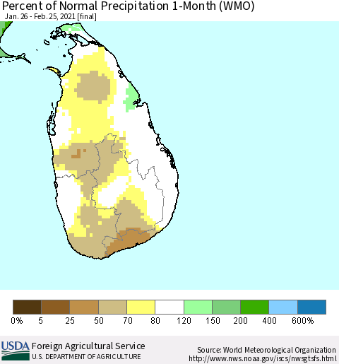 Sri Lanka Percent of Normal Precipitation 1-Month (WMO) Thematic Map For 1/26/2021 - 2/25/2021