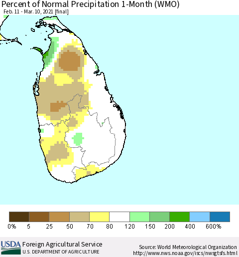 Sri Lanka Percent of Normal Precipitation 1-Month (WMO) Thematic Map For 2/11/2021 - 3/10/2021