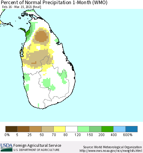 Sri Lanka Percent of Normal Precipitation 1-Month (WMO) Thematic Map For 2/16/2021 - 3/15/2021