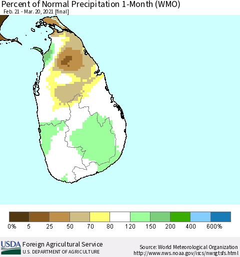 Sri Lanka Percent of Normal Precipitation 1-Month (WMO) Thematic Map For 2/21/2021 - 3/20/2021