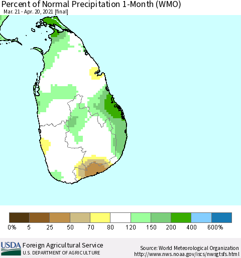 Sri Lanka Percent of Normal Precipitation 1-Month (WMO) Thematic Map For 3/21/2021 - 4/20/2021