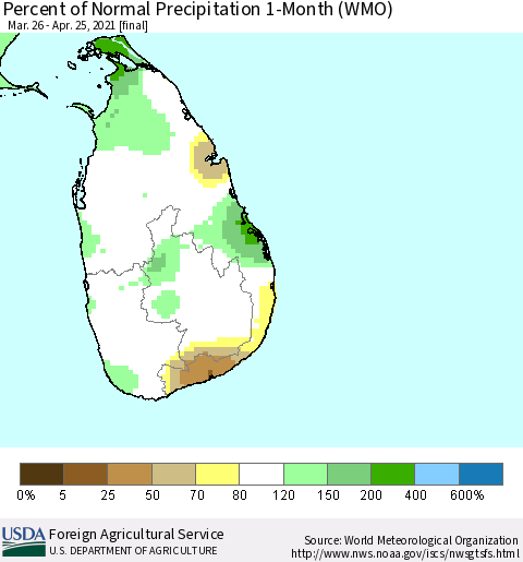 Sri Lanka Percent of Normal Precipitation 1-Month (WMO) Thematic Map For 3/26/2021 - 4/25/2021