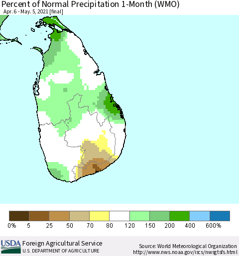 Sri Lanka Percent of Normal Precipitation 1-Month (WMO) Thematic Map For 4/6/2021 - 5/5/2021