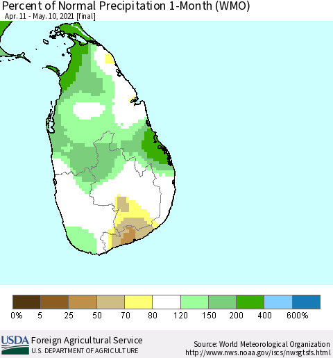 Sri Lanka Percent of Normal Precipitation 1-Month (WMO) Thematic Map For 4/11/2021 - 5/10/2021