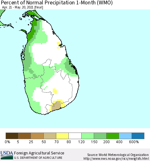 Sri Lanka Percent of Normal Precipitation 1-Month (WMO) Thematic Map For 4/21/2021 - 5/20/2021