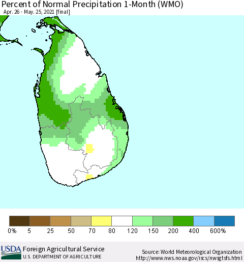 Sri Lanka Percent of Normal Precipitation 1-Month (WMO) Thematic Map For 4/26/2021 - 5/25/2021