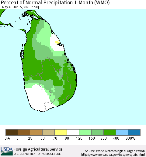 Sri Lanka Percent of Normal Precipitation 1-Month (WMO) Thematic Map For 5/6/2021 - 6/5/2021