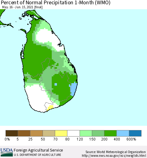 Sri Lanka Percent of Normal Precipitation 1-Month (WMO) Thematic Map For 5/16/2021 - 6/15/2021