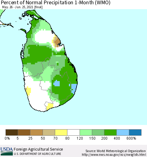 Sri Lanka Percent of Normal Precipitation 1-Month (WMO) Thematic Map For 5/26/2021 - 6/25/2021