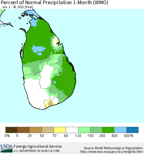 Sri Lanka Percent of Normal Precipitation 1-Month (WMO) Thematic Map For 6/1/2021 - 6/30/2021