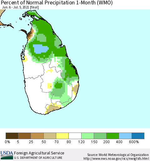 Sri Lanka Percent of Normal Precipitation 1-Month (WMO) Thematic Map For 6/6/2021 - 7/5/2021