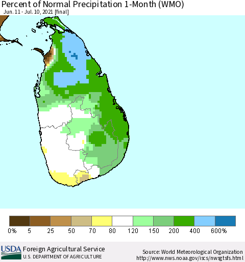 Sri Lanka Percent of Normal Precipitation 1-Month (WMO) Thematic Map For 6/11/2021 - 7/10/2021