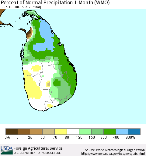Sri Lanka Percent of Normal Precipitation 1-Month (WMO) Thematic Map For 6/16/2021 - 7/15/2021
