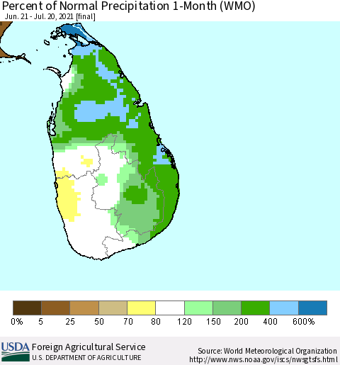 Sri Lanka Percent of Normal Precipitation 1-Month (WMO) Thematic Map For 6/21/2021 - 7/20/2021
