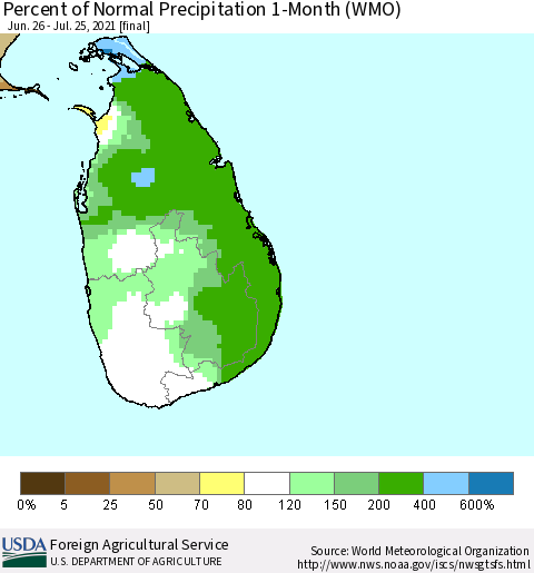 Sri Lanka Percent of Normal Precipitation 1-Month (WMO) Thematic Map For 6/26/2021 - 7/25/2021