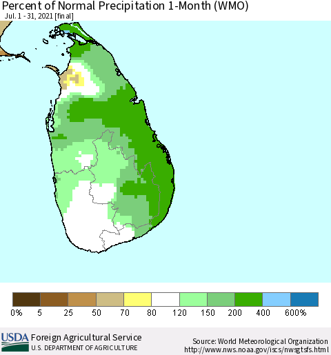 Sri Lanka Percent of Normal Precipitation 1-Month (WMO) Thematic Map For 7/1/2021 - 7/31/2021