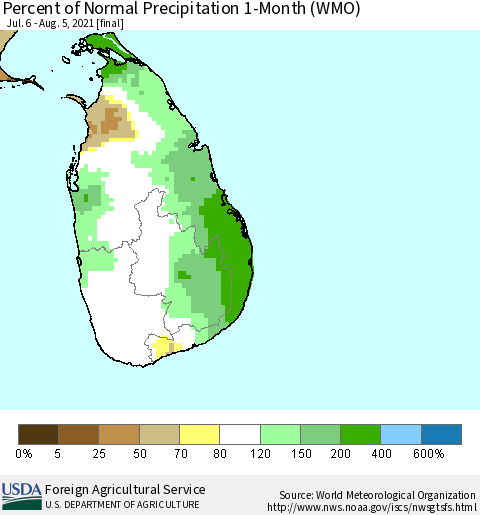 Sri Lanka Percent of Normal Precipitation 1-Month (WMO) Thematic Map For 7/6/2021 - 8/5/2021
