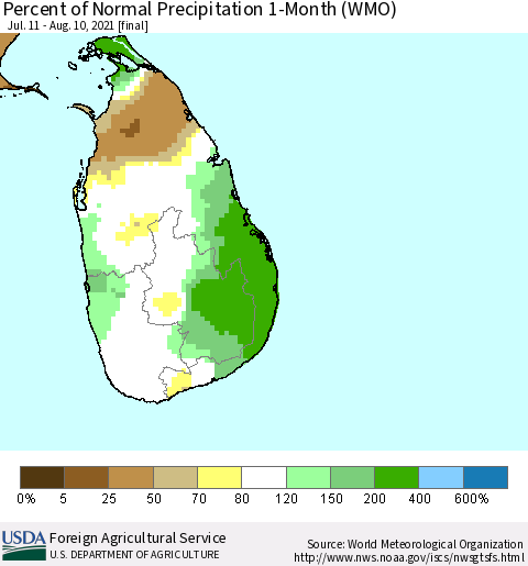 Sri Lanka Percent of Normal Precipitation 1-Month (WMO) Thematic Map For 7/11/2021 - 8/10/2021