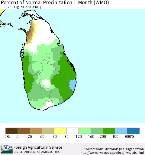 Sri Lanka Percent of Normal Precipitation 1-Month (WMO) Thematic Map For 7/21/2021 - 8/20/2021