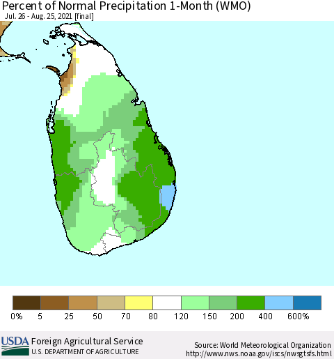 Sri Lanka Percent of Normal Precipitation 1-Month (WMO) Thematic Map For 7/26/2021 - 8/25/2021