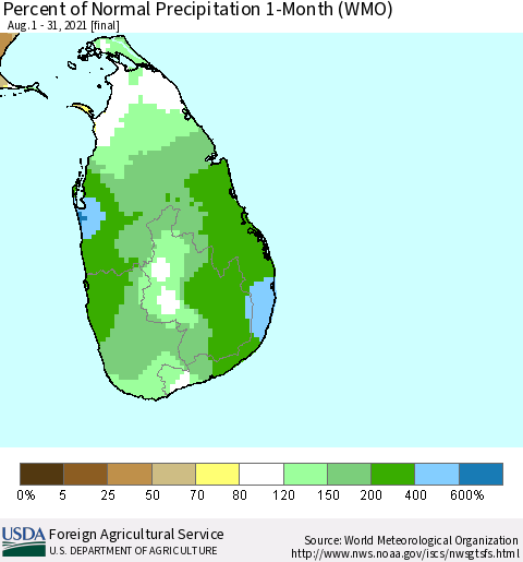 Sri Lanka Percent of Normal Precipitation 1-Month (WMO) Thematic Map For 8/1/2021 - 8/31/2021