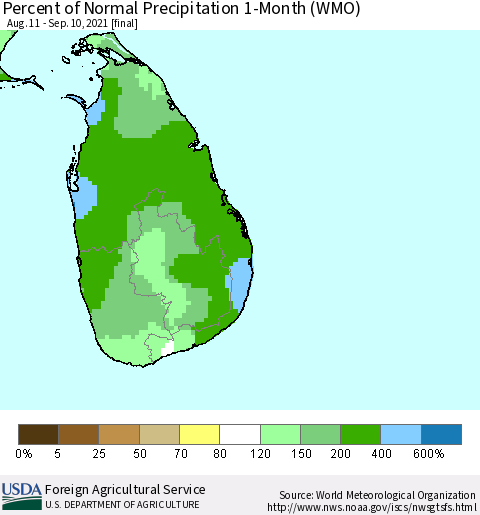 Sri Lanka Percent of Normal Precipitation 1-Month (WMO) Thematic Map For 8/11/2021 - 9/10/2021