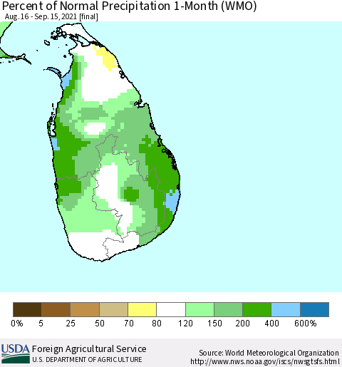 Sri Lanka Percent of Normal Precipitation 1-Month (WMO) Thematic Map For 8/16/2021 - 9/15/2021