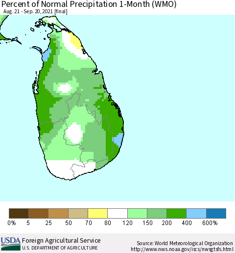 Sri Lanka Percent of Normal Precipitation 1-Month (WMO) Thematic Map For 8/21/2021 - 9/20/2021