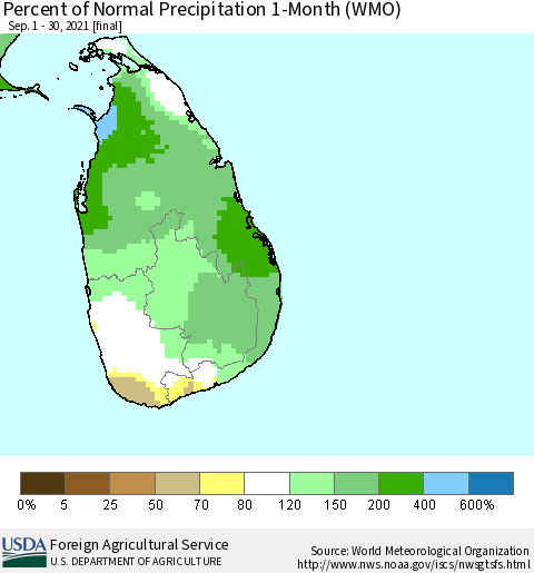 Sri Lanka Percent of Normal Precipitation 1-Month (WMO) Thematic Map For 9/1/2021 - 9/30/2021