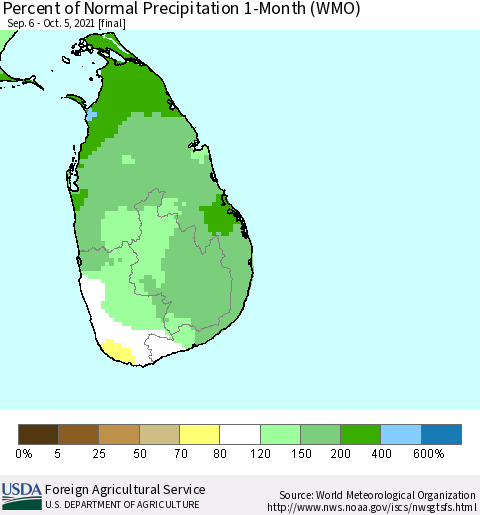 Sri Lanka Percent of Normal Precipitation 1-Month (WMO) Thematic Map For 9/6/2021 - 10/5/2021