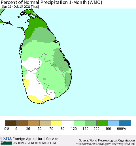 Sri Lanka Percent of Normal Precipitation 1-Month (WMO) Thematic Map For 9/16/2021 - 10/15/2021