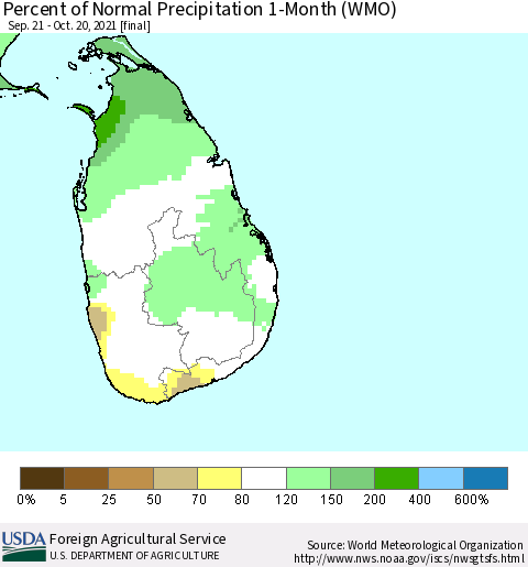 Sri Lanka Percent of Normal Precipitation 1-Month (WMO) Thematic Map For 9/21/2021 - 10/20/2021