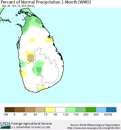 Sri Lanka Percent of Normal Precipitation 1-Month (WMO) Thematic Map For 9/26/2021 - 10/25/2021