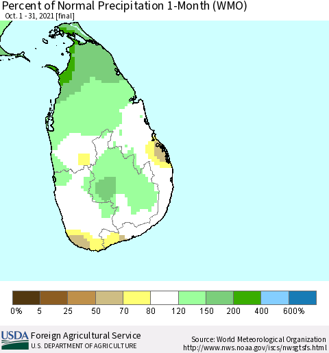 Sri Lanka Percent of Normal Precipitation 1-Month (WMO) Thematic Map For 10/1/2021 - 10/31/2021