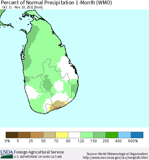 Sri Lanka Percent of Normal Precipitation 1-Month (WMO) Thematic Map For 10/11/2021 - 11/10/2021