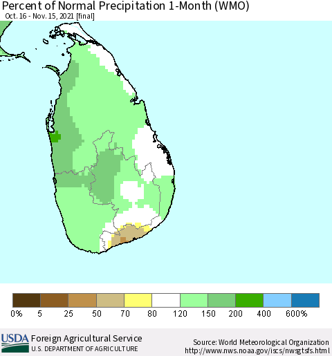Sri Lanka Percent of Normal Precipitation 1-Month (WMO) Thematic Map For 10/16/2021 - 11/15/2021