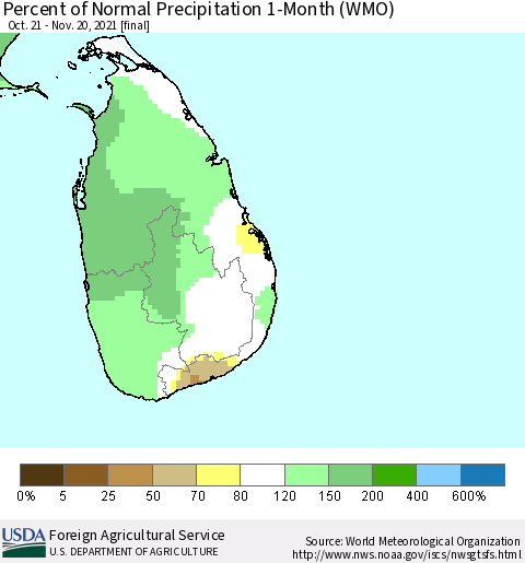 Sri Lanka Percent of Normal Precipitation 1-Month (WMO) Thematic Map For 10/21/2021 - 11/20/2021