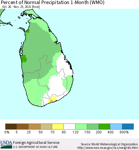 Sri Lanka Percent of Normal Precipitation 1-Month (WMO) Thematic Map For 10/26/2021 - 11/25/2021